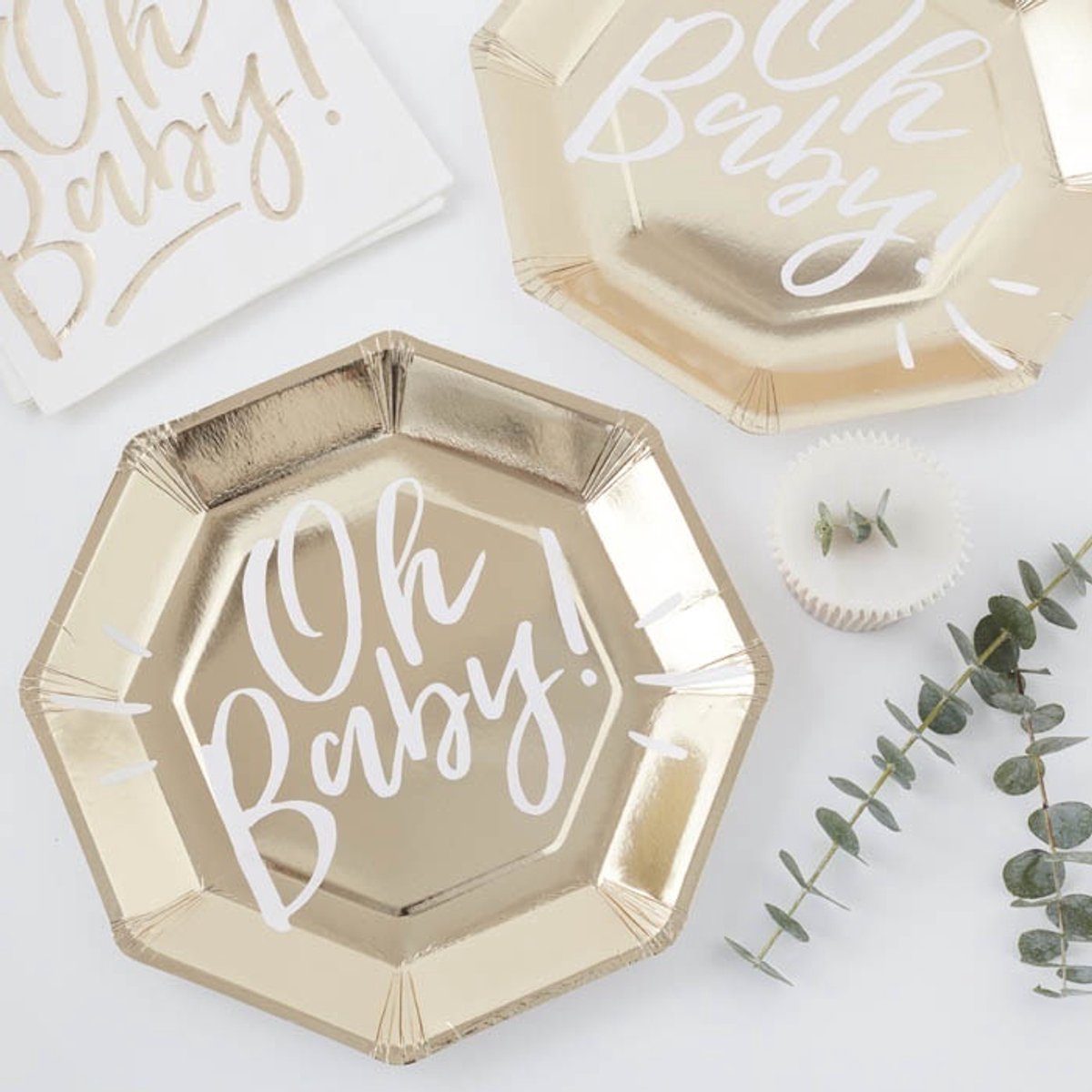 Oh baby bordjes wit met Goud 8 stuks | Unisex | Voor Gender Reveal en Babyshower